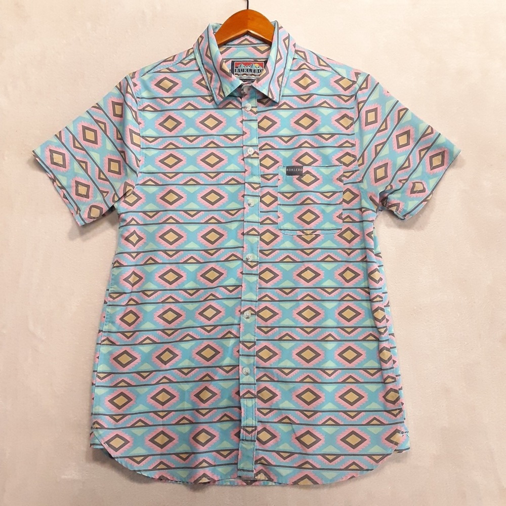 Burlebo Mens SS Performance Button Shirt M Blue/Pink Southwestern Aztec Print